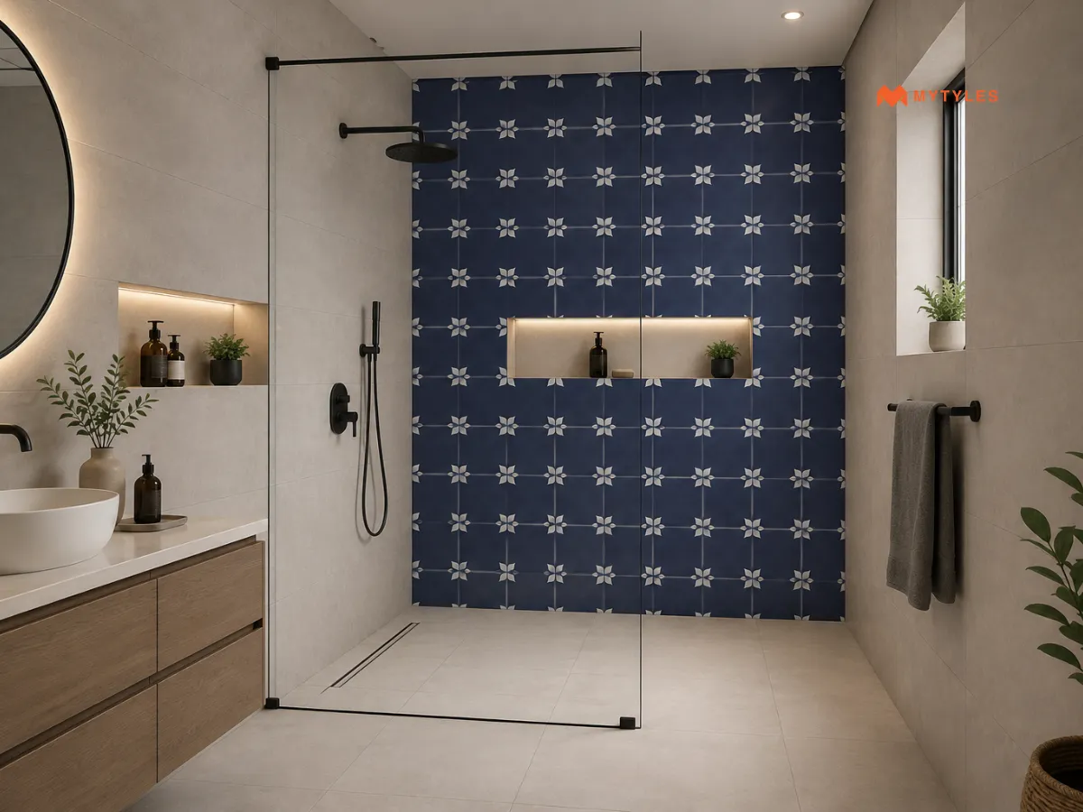 Moroccan Shower Tiles With Plain Bathroom Walls